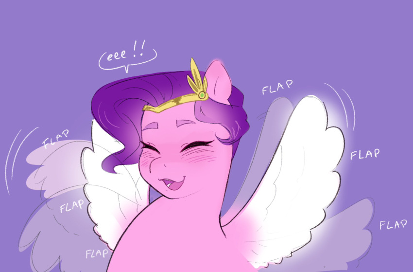 aztrial blush dialogue eee equid equine eyebrows eyes_closed female flapping_wings fluffy_wings fur hair hasbro headpiece hi_res mammal mlp_g5 my_little_pony mythological_creature mythological_equine mythology pegasus pink_body pink_fur pipp_petals_(mlp) purple_hair white_wings wings