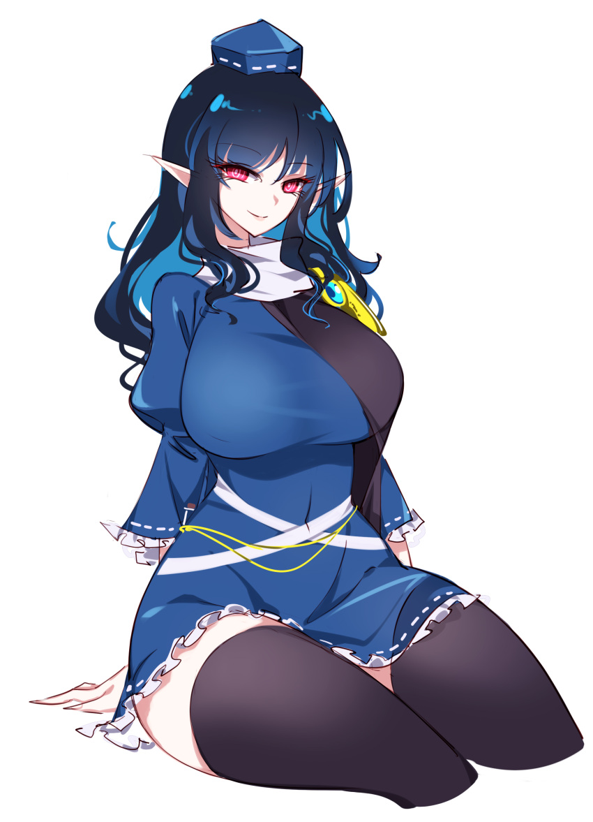 1girl absurdres black_hair black_thighhighs blue_dress blue_headwear breasts closed_mouth cropped_legs dress hat highres iizunamaru_megumu large_breasts long_hair pointy_ears raptor7 red_eyes shoulder_guard simple_background sleeves_past_elbows smile solo thighhighs tokin_hat touhou white_background