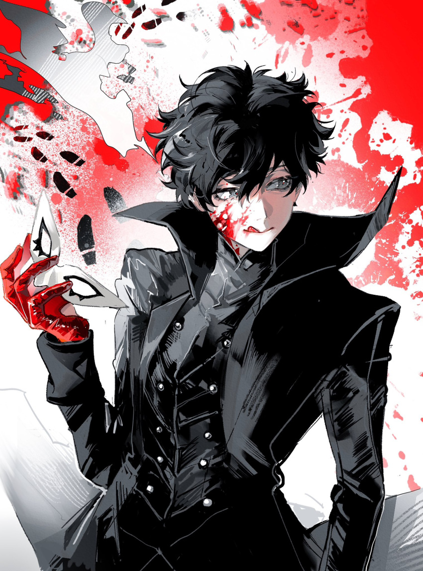 1boy :q amamiya_ren anyiyang570161 black_coat black_hair blood blood_on_face coat footprints gloves grey_eyes hair_between_eyes high_collar highres holding holding_mask long_sleeves male_focus mask open_clothes open_coat persona persona_5 red_gloves solo tongue tongue_out white_mask