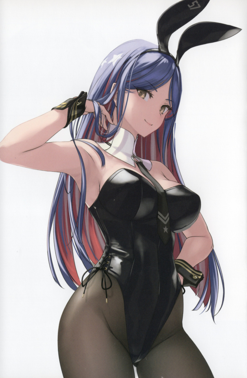 1girl absurdres animal_ears arm_up bare_arms black_leotard black_necktie blue_hair breasts brown_pantyhose colored_inner_hair comiket_100 cowboy_shot detached_collar fake_animal_ears hand_in_own_hair hand_on_own_hip highres kantai_collection large_breasts leotard long_hair looking_at_viewer multicolored_hair necktie non-web_source pantyhose playboy_bunny rabbit_ears red_hair rokuwata_tomoe scan simple_background smile solo south_dakota_(kancolle) strapless strapless_leotard swept_bangs thighs very_long_hair white_background white_hair wrist_cuffs yellow_eyes