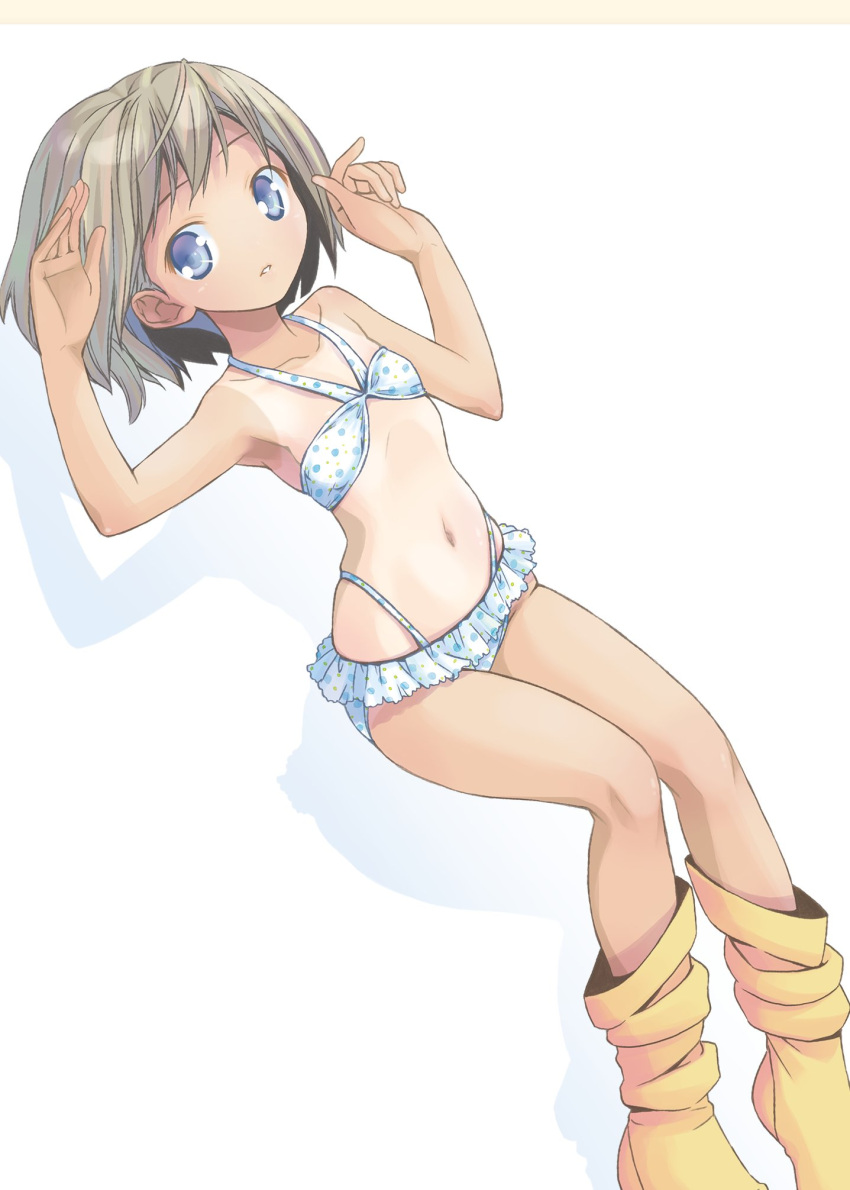 1girl arms_up bikini blue_eyes expressionless flat_chest frilled_bikini frills grey_hair highres looking_at_viewer navel one-piece_tan original parted_lips pop_(electromagneticwave) short_hair socks solo swimsuit tan tanlines