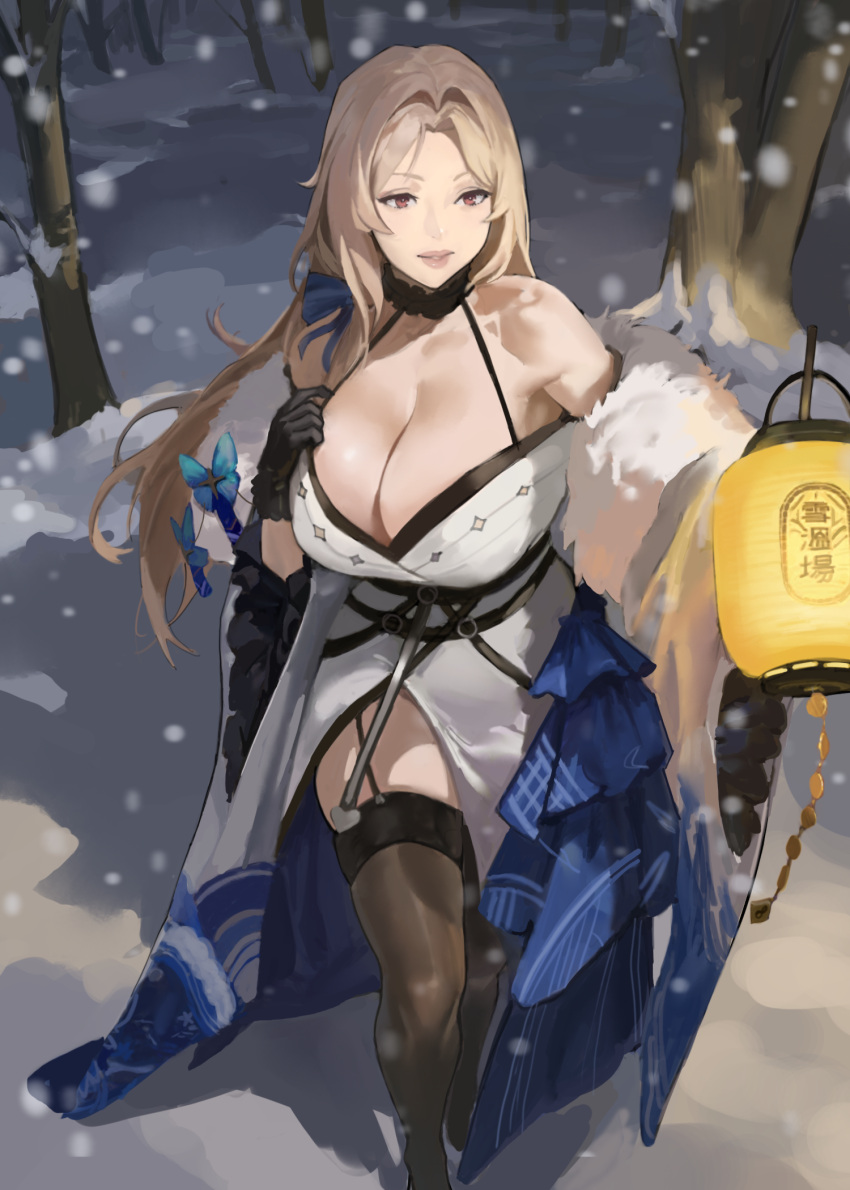 1girl bare_shoulders black_gloves black_thighhighs blonde_hair blue_bow bow breasts bug butterfly cleavage commentary dress english_commentary fur-trimmed_dress fur_trim garter_straps gloves goddess_of_victory:_nikke hair_bow halter_dress halterneck highres hintobento huge_breasts lantern long_hair ludmilla_(nikke) ludmilla_(winter_owner)_(nikke) off_shoulder red_eyes side_slit snow solo thighhighs walking wide_sleeves