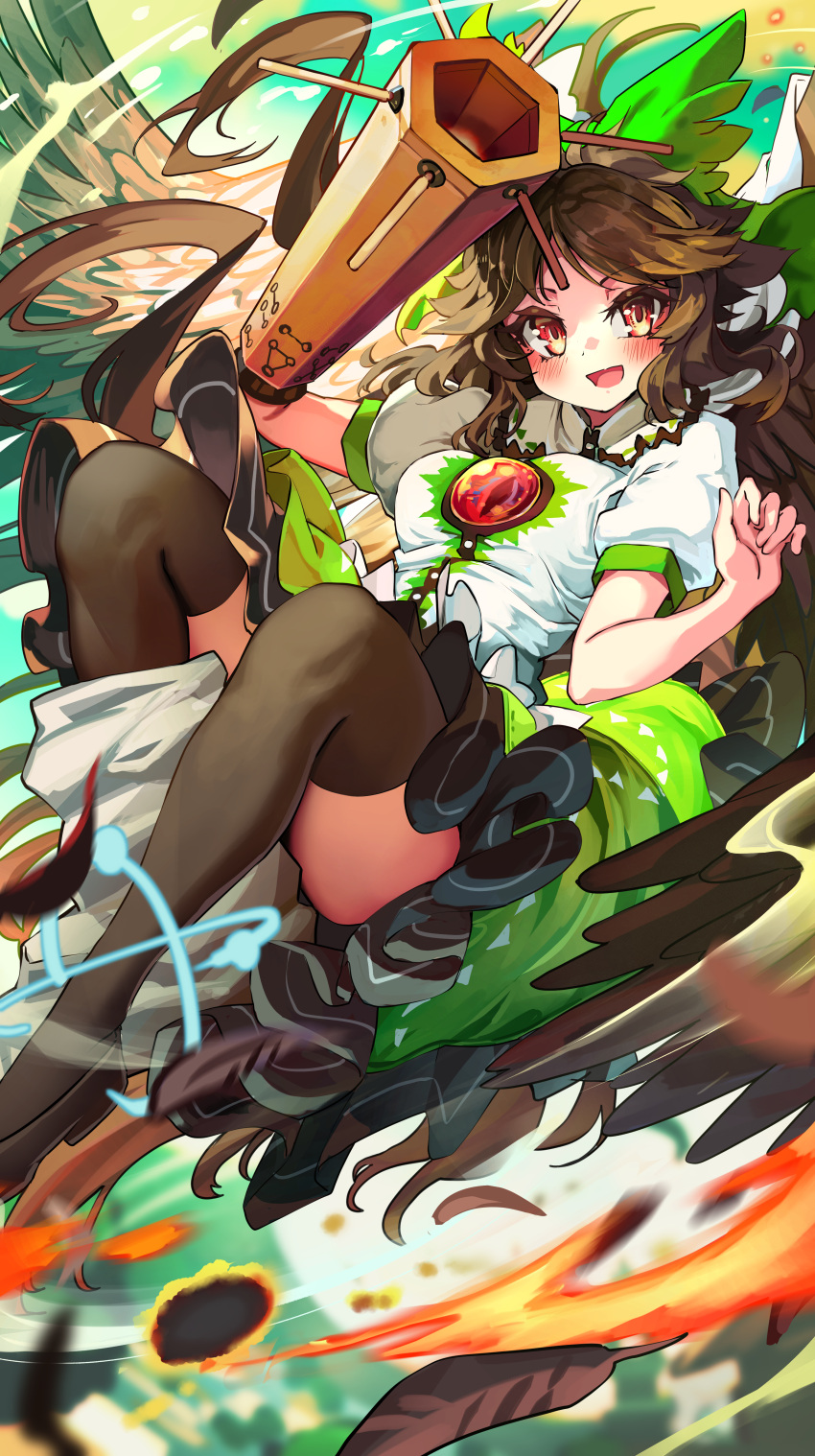 1girl :d absurdres arm_cannon arm_up bare_arms bird_wings black_thighhighs blurry blurry_background blush bow brown_hair cape collared_shirt control_rod fire frilled_shirt_collar frilled_skirt frills green_bow green_skirt hair_bow hand_up highres large_bow long_hair looking_at_viewer melaton motion_blur open_mouth puffy_short_sleeves puffy_sleeves red_eyes reiuji_utsuho shirt shoes short_sleeves skirt smile solo thighhighs thighs third_eye touhou weapon white_cape white_shirt wings zettai_ryouiki