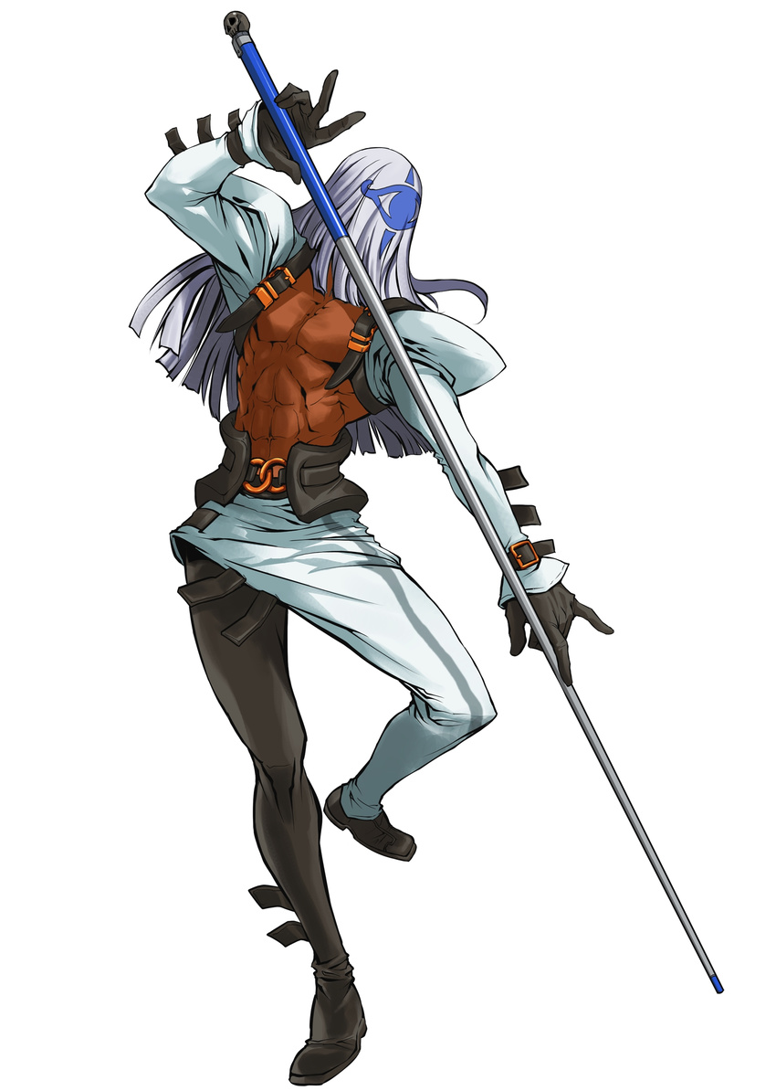 absurdres artist_request belt center_opening cue_stick gloves guilty_gear highres male_focus official_art silver_hair solo standing standing_on_one_leg venom_(guilty_gear) white_background
