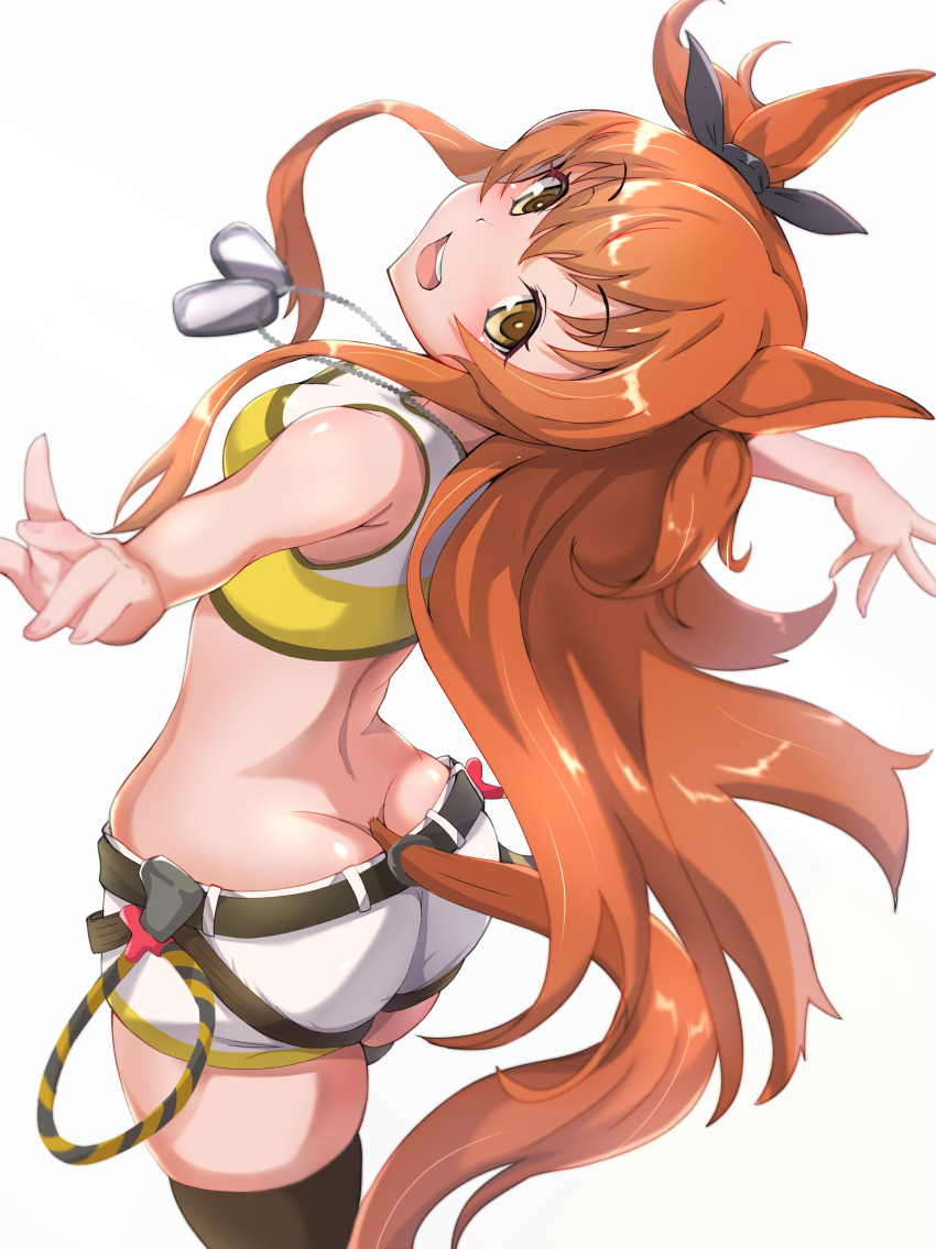 1girl absurdres animal_ears ass bare_shoulders belt black_ribbon blush breasts closed_mouth collarbone commentary_request cowboy_shot crop_top dog_tags dutch_angle ear_ribbon green_belt groin hair_between_eyes highres horse_ears horse_girl horse_tail long_hair looking_at_viewer mayano_top_gun_(umamusume) midriff no_jacket omnc-eng orange_eyes orange_hair orange_tail ribbon shirt short_shorts shorts sidelocks simple_background skindentation sleeveless sleeveless_shirt small_breasts smile solo standing tail thighhighs two_side_up umamusume white_background white_shorts yellow_shirt