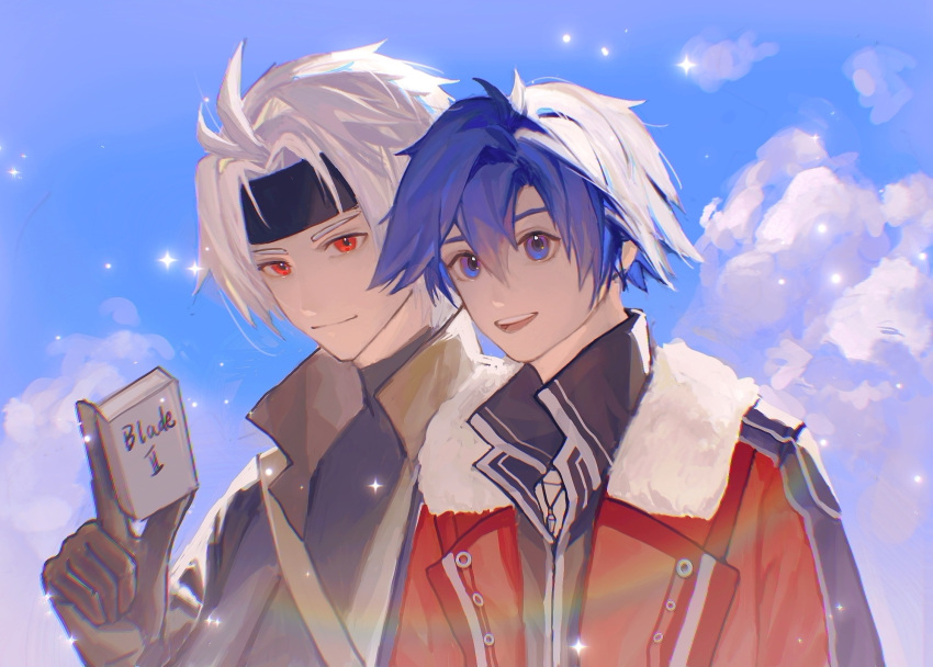 2boys ahoge antenna_hair black_headband blue_eyes blue_hair blue_sky brown_gloves cloud coat crow_armbrust double-parted_bangs eiyuu_densetsu fur_trim gloves hair_between_eyes headband highres male_focus multiple_boys open_mouth parted_bangs rean_schwarzer red_eyes sen_no_kiseki sky smile sparkle user_edjp4247 white_hair yaoi