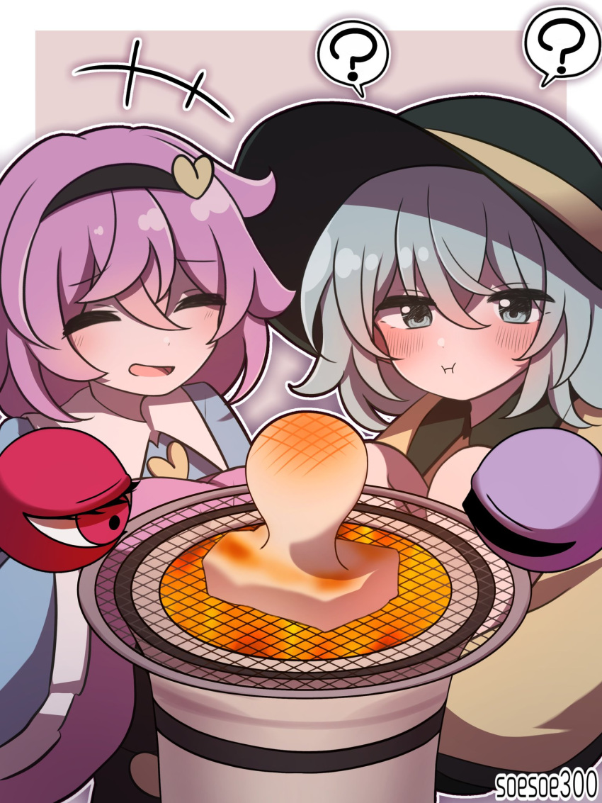 2girls baking black_hairband black_headwear blouse bow cake eyeball food fork frilled_shirt_collar frilled_sleeves frills grey_hair hairband hat hat_bow hat_ribbon heart highres holding holding_fork komeiji_koishi komeiji_satori multiple_girls open_mouth pink_hair ribbon ribbon-trimmed_collar ribbon_trim shirt siblings sisters smile soesoe300 staring thought_bubble touhou twitter_username