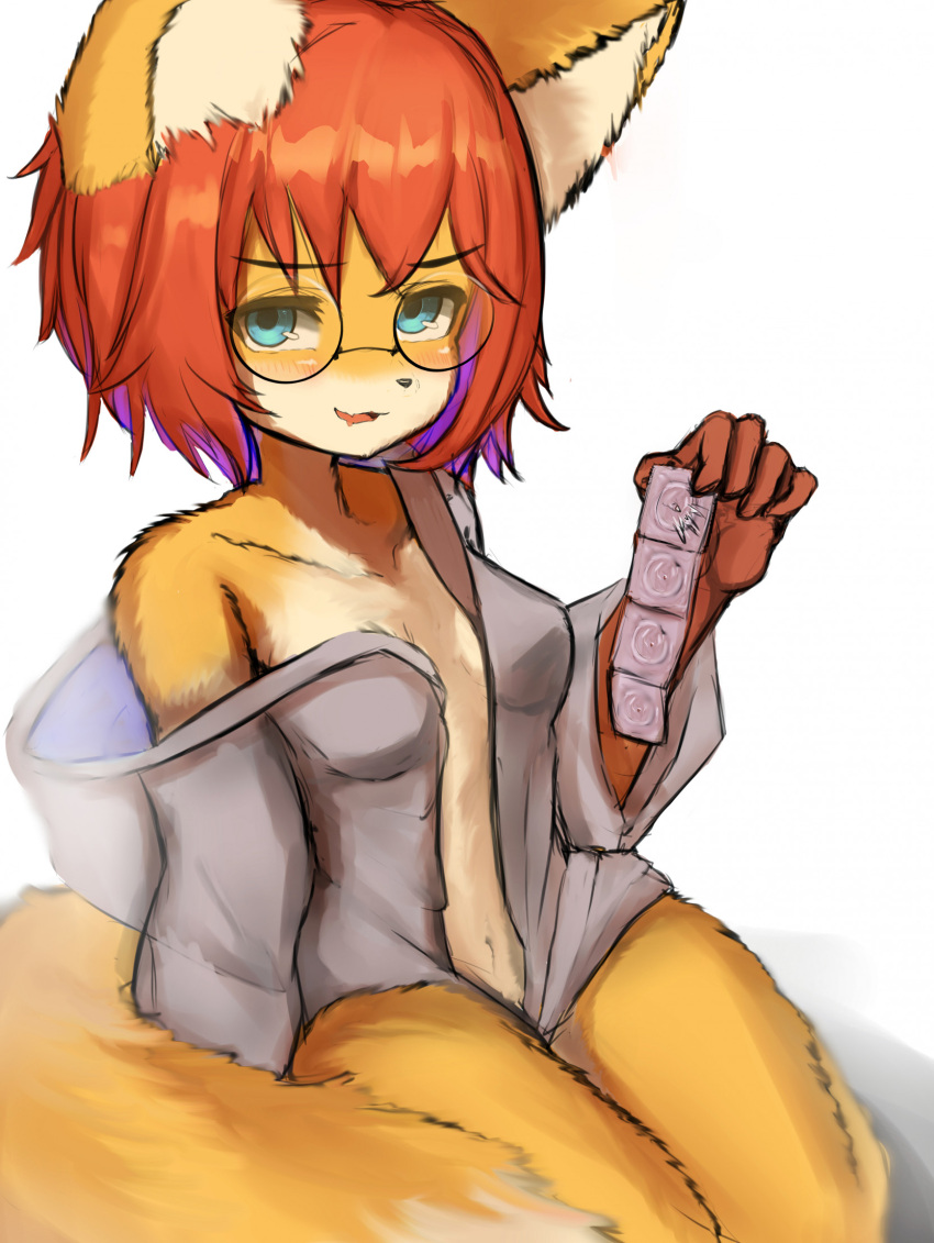 anthro blue_eyes blush breasts broken_condom brown_hands canid canine clothing clothing_aside condom countershade_face countershade_torso countershading dipstick_tail eyebrows eyelashes eyewear female fox front_view fur glasses grey_clothing grey_robe grey_topwear hair hi_res holding_condom holding_object kemono lilkon looking_at_viewer mammal markings multicolored_body multicolored_fur multicolored_tail open_mouth orange_body orange_fur orange_hair orange_tail robe robe_aside robe_only sexual_barrier_device short_hair sitting solo solo_focus tail tail_markings topwear topwear_aside white_body white_fur white_tail_tip yumi_(lilkon)