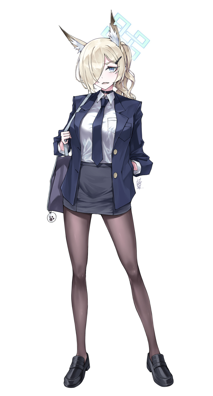 1girl absurdres animal_ear_fluff animal_ears black_footwear black_necktie black_pantyhose blonde_hair blue_archive blue_eyes blue_halo blush breasts collared_shirt extra_ears halo highres kanna_(blue_archive) large_breasts long_hair long_sleeves necktie open_mouth pantyhose shirt shoes simple_background solo visu_02 white_background white_shirt
