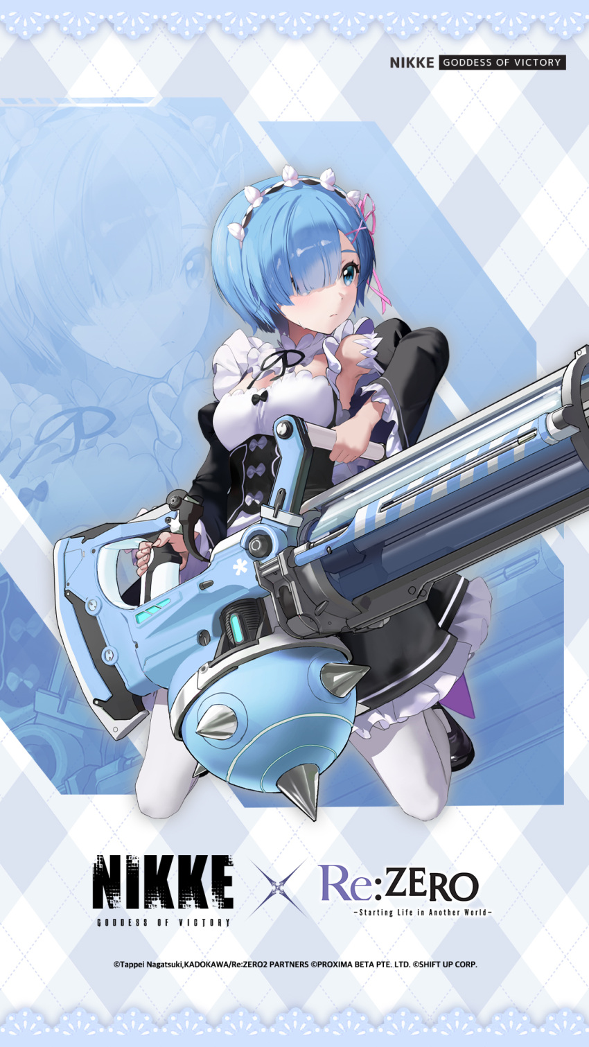 1girl artist_request black_footwear blue_eyes blue_hair breasts cleavage closed_mouth dress goddess_of_victory:_nikke gun hair_over_one_eye highres holding holding_gun holding_weapon long_sleeves machine_gun maid maid_headdress medium_breasts medium_hair official_art pantyhose re:zero_kara_hajimeru_isekai_seikatsu rem_(re:zero) second-party_source shoes solo squatting watermark weapon white_dress white_pantyhose