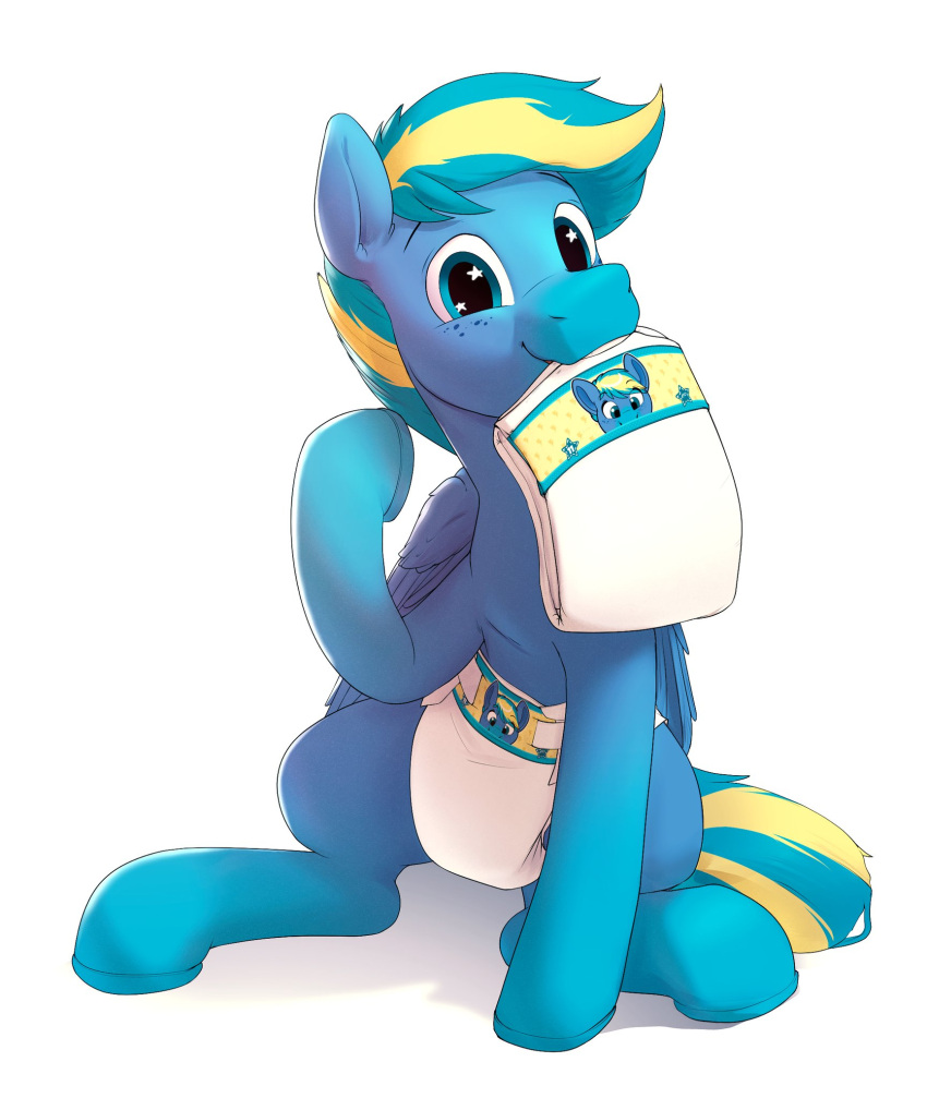 ageplay blue_body blue_eyes blue_hair clothed clothing daydreamed diaper diaper_only equid equine fan_character feral folded_diaper freckles gesture hair hand_gesture hasbro hi_res highlights_(coloring) hooves infantilism looking_at_viewer male mammal markings my_little_pony mythological_creature mythological_equine mythology object_in_mouth pegasus pointing pointing_at_self print_diaper roleplay simple_background sitting solo star_eyes striped_markings striped_tail stripes tail tail_markings teeth topless underwear white_background wings