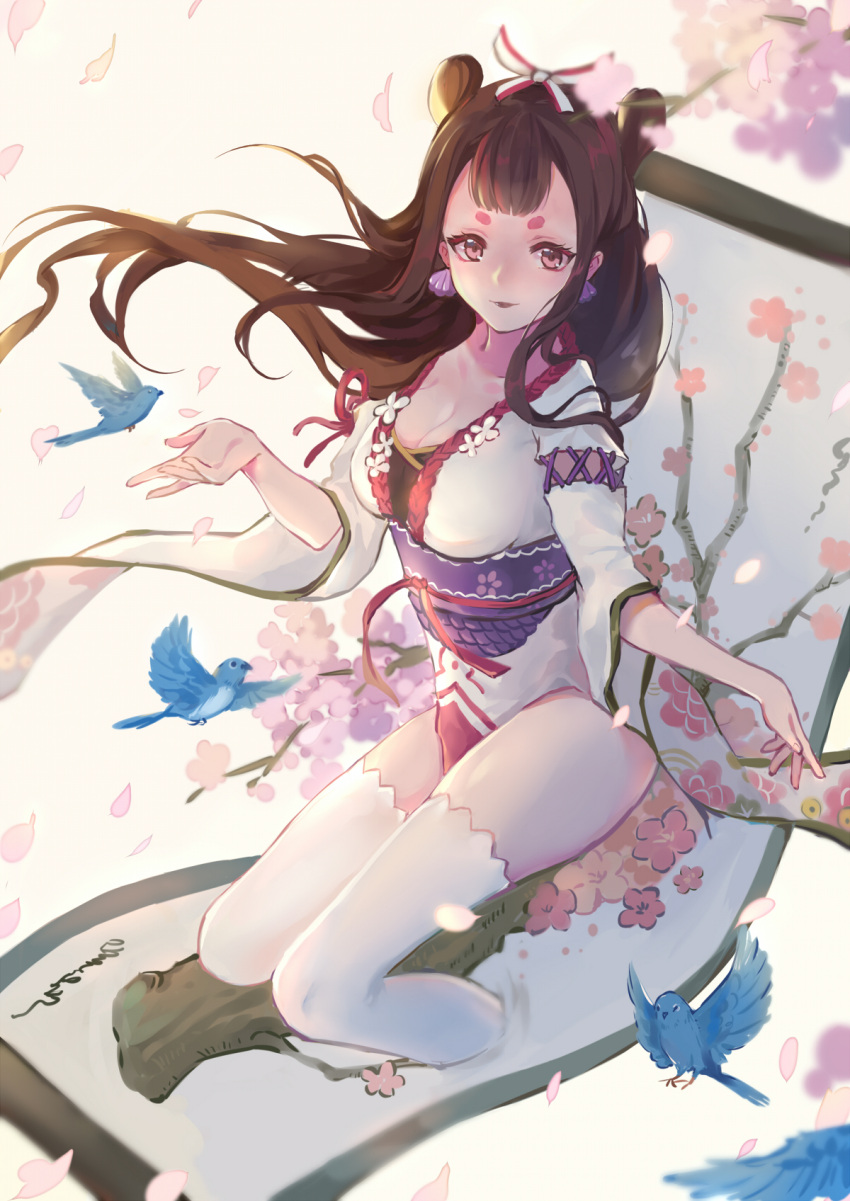 1girl bird breasts brown_eyes brown_hair cherry_blossoms cleavage collarbone earrings flower hair_bun hair_ribbon highres japanese_clothes jewelry kachou_fuugetsu_(onmyoji) large_breasts long_hair long_sleeves looking_at_viewer medium_breasts obi onmyoji parted_lips petals ribbon sash scroll sitting smile solo thighhighs thighs white_thighhighs wide_sleeves yuzhi