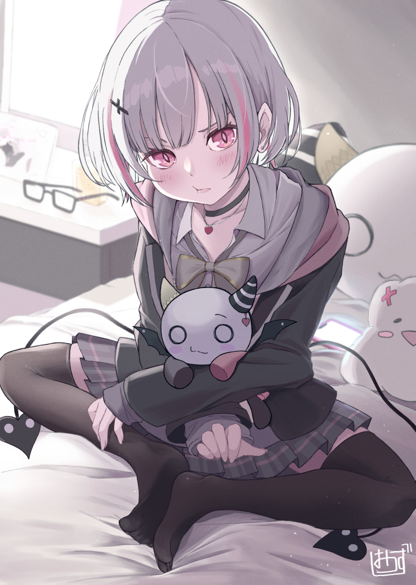 1girl absurdres asumi_sena black_choker black_thighhighs blush cattleya_regina_games choker collared_shirt demon_tail full_body grey_hair hair_ornament heart_pendant highres jacket jewelry knees_apart_feet_together long_sleeves looking_at_viewer multicolored_hair multiple_tails mussan necklace on_bed pink_eyes pink_hair pleated_skirt pout school_uniform shirt short_hair sitting skirt slit_pupils solo streaked_hair tail thighhighs twintails two_tails unworn_eyewear virtual_youtuber vspo!