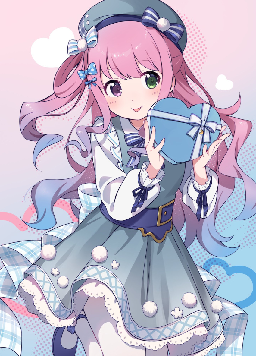 1girl :p back_bow belt blue_belt blue_bow blue_dress blue_footwear blue_hair blue_headwear blue_ribbon blush bow bowtie box crescent dress frills gradient_dress gradient_hair green_eyes hair_bow hat heart-shaped_box heterochromia highres himemori_luna hololive knokzm long_sleeves mary_janes multicolored_hair pantyhose pink_hair plaid plaid_bow purple_eyes ribbon shoes striped_bow tongue tongue_out virtual_youtuber white_pantyhose white_ribbon