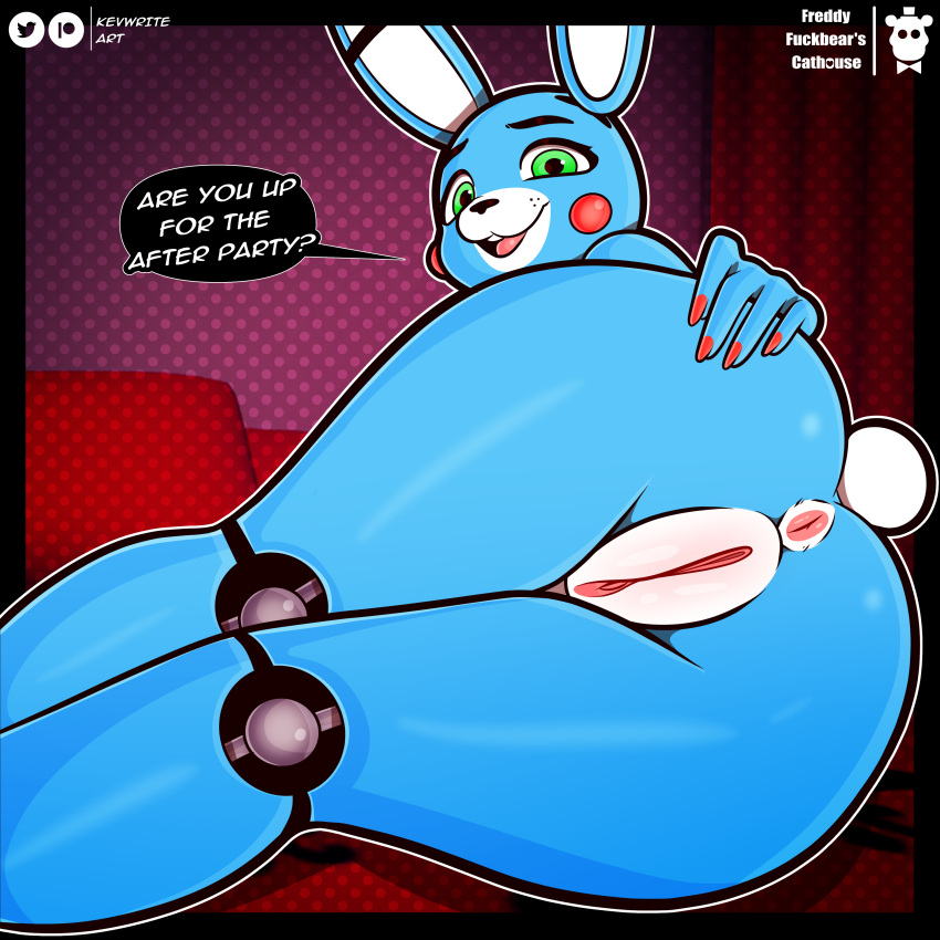 absurd_res anthro anus bed blue_body butt butt_grab clitoris female five_nights_at_freddy's five_nights_at_freddy's_2 freddy_fuckbear's_cathouse_(kevwrite) fur furniture genitals gradient_background green_eyes hand_on_butt hi_res kevwrite lagomorph leporid lying lying_on_bed mammal on_bed pussy rabbit scottgames simple_background solo speech_bubble text toy_bonnie_(fnaf) white_body white_fur