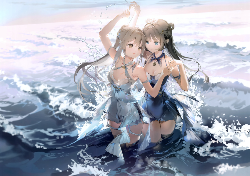 2girls absurdres anmi arm_up bare_shoulders black_hair blue_dress blue_eyes breasts brown_eyes brown_hair cleavage closed_mouth comiket_103 dress hair_bun hair_ornament halterneck highres holding_hands long_hair looking_at_another medium_breasts multiple_girls non-web_source ocean open_mouth original outdoors partially_submerged scan sleeveless sleeveless_dress smile standing twintails wading water waves white_dress yuri
