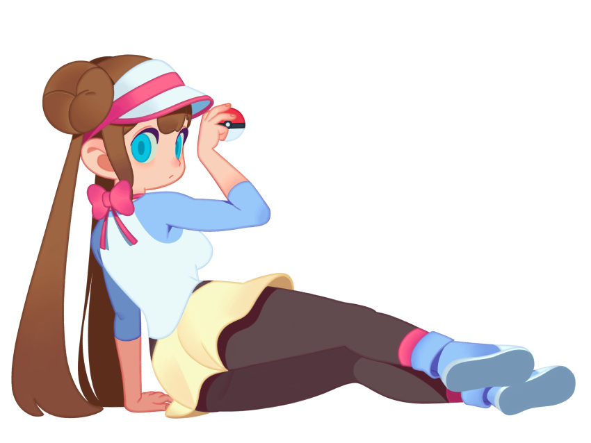 1girl absurdres ass black_pantyhose blue_eyes breasts brown_hair closed_mouth double_bun doughnut_hair_bun hair_bun highres holding holding_poke_ball looking_at_viewer lying medium_breasts monster_l_(hochihochiha) on_side pantyhose pantyhose_under_shorts poke_ball pokemon raglan_sleeves rosa_(pokemon) shorts simple_background solo twintails visor_cap white_background yellow_shorts