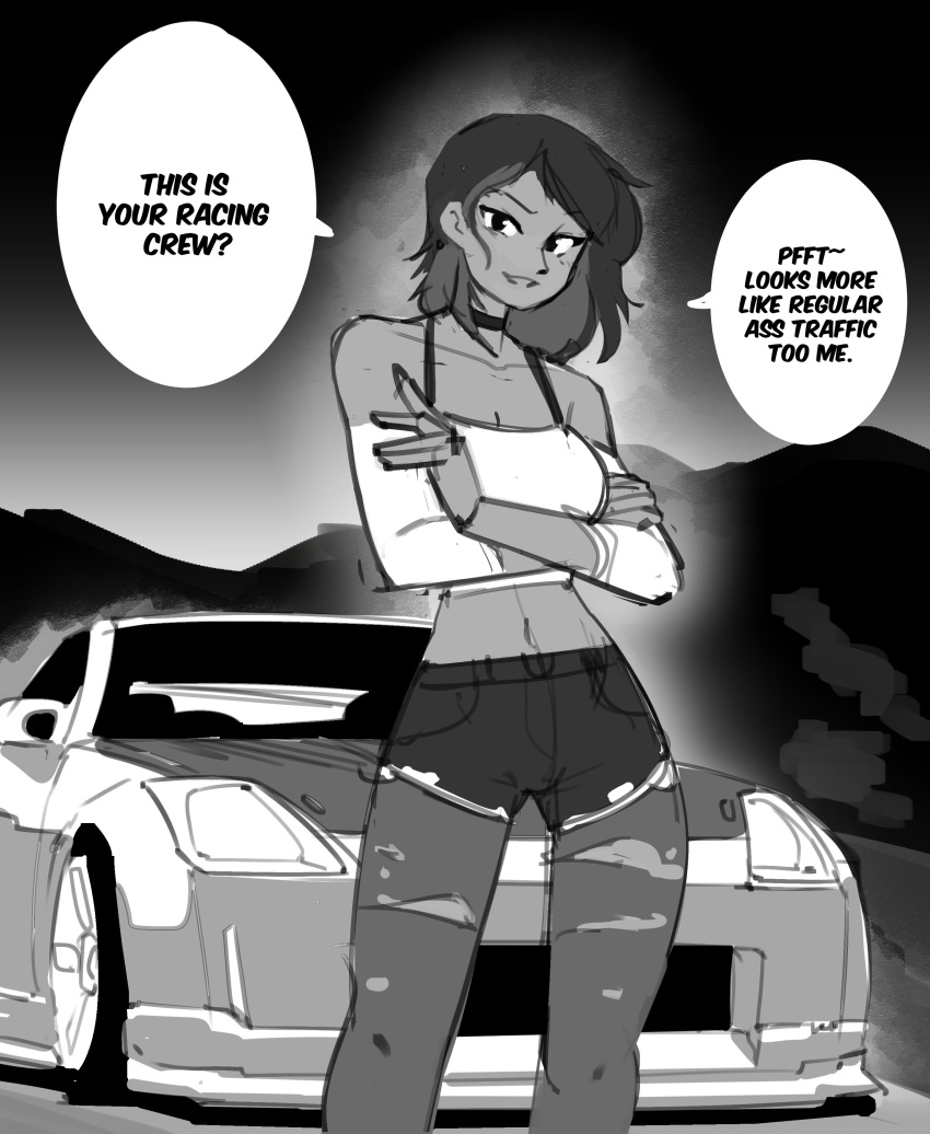 1girl absurdres camisole car choker collarbone dark-skinned_female dark_skin detached_sleeves english_commentary english_text greyscale hair_behind_ear highres looking_at_viewer midriff monochrome motor_vehicle mountain navel nissan nissan_350z nissan_fairlady_z original pantyhose short_shorts shorts sketch smug solo speech_bubble sports_car torn_clothes torn_pantyhose vee_(427deer)