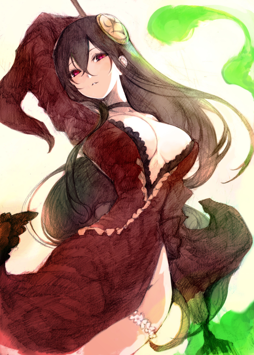 1girl black_choker black_hair breasts choker cleavage dress floating_hair hair_between_eyes hair_ornament highres holding holding_staff kakuwashi large_breasts long_hair long_sleeves looking_at_viewer low-tied_long_hair magic marginal_maze parted_lips red_dress red_eyes refrain_no_chika_meikyuu_to_majo_no_ryodan side_slit sketch slit_pupils smile solo staff standing thigh_strap very_long_hair wide_sleeves