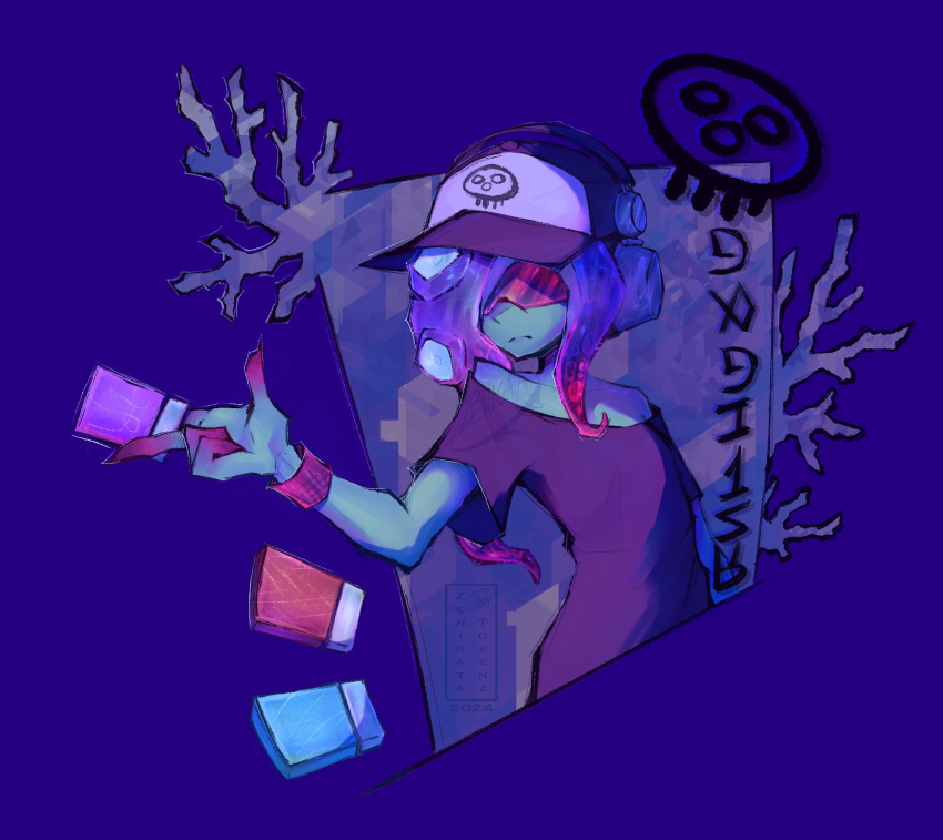 1girl baseball_cap black_shirt blue_background blue_hair closed_mouth color_chip_(splatoon) commentary coral dedf1sh gradient_hair hat headphones headphones_over_headwear highres long_hair multicolored_hair octoling off-shoulder_shirt off_shoulder print_headwear red-tinted_eyewear red_hair shirt simple_background solo splatoon_(series) splatoon_3 splatoon_3:_side_order sunglasses tentacle_hair tinted_eyewear two-tone_hair zenigata