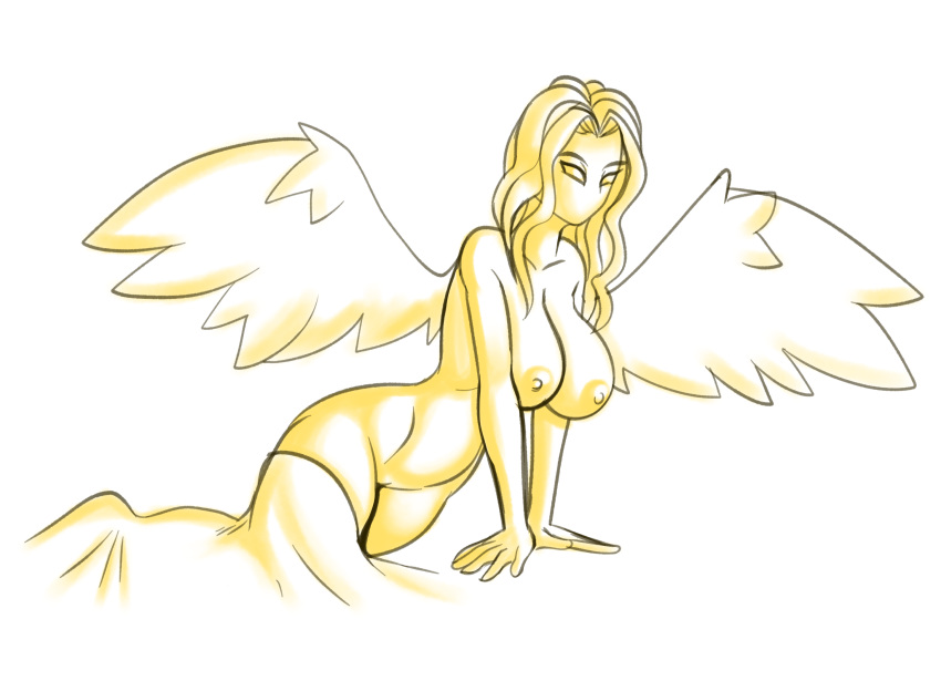 angel breasts ducena female fours_(artist) genitals getting_up hi_res humanoid monochrome mouthless nipples pussy sketch solo waking_up wings