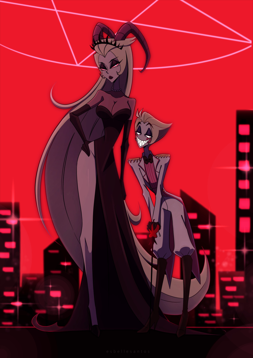 1boy 1girl absurdres blonde_hair couple demon_boy demon_girl demon_horns dress esbellecaseysantos28 hair_slicked_back hazbin_hotel highres horns husband_and_wife lilith_(hazbin_hotel) long_hair looking_at_viewer lucifer_morningstar_(hazbin_hotel) purple_dress suit very_long_hair