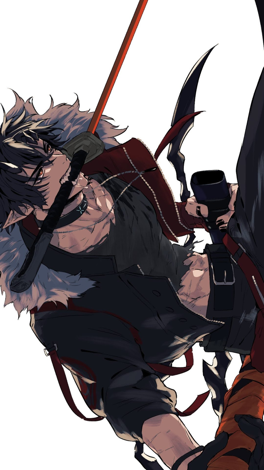 1boy abs arknights black_hair black_jacket black_nails black_pants black_shirt chimi_(s8s8_bb) commentary cowboy_shot flamebringer_(arknights) fur-trimmed_jacket fur_trim highres holding holding_sheath holding_sword holding_weapon infection_monitor_(arknights) jacket male_focus material_growth mouth_hold nail_polish oripathy_lesion_(arknights) pants pointy_ears sheath shirt simple_background solo sword toned toned_male torn_clothes weapon white_background