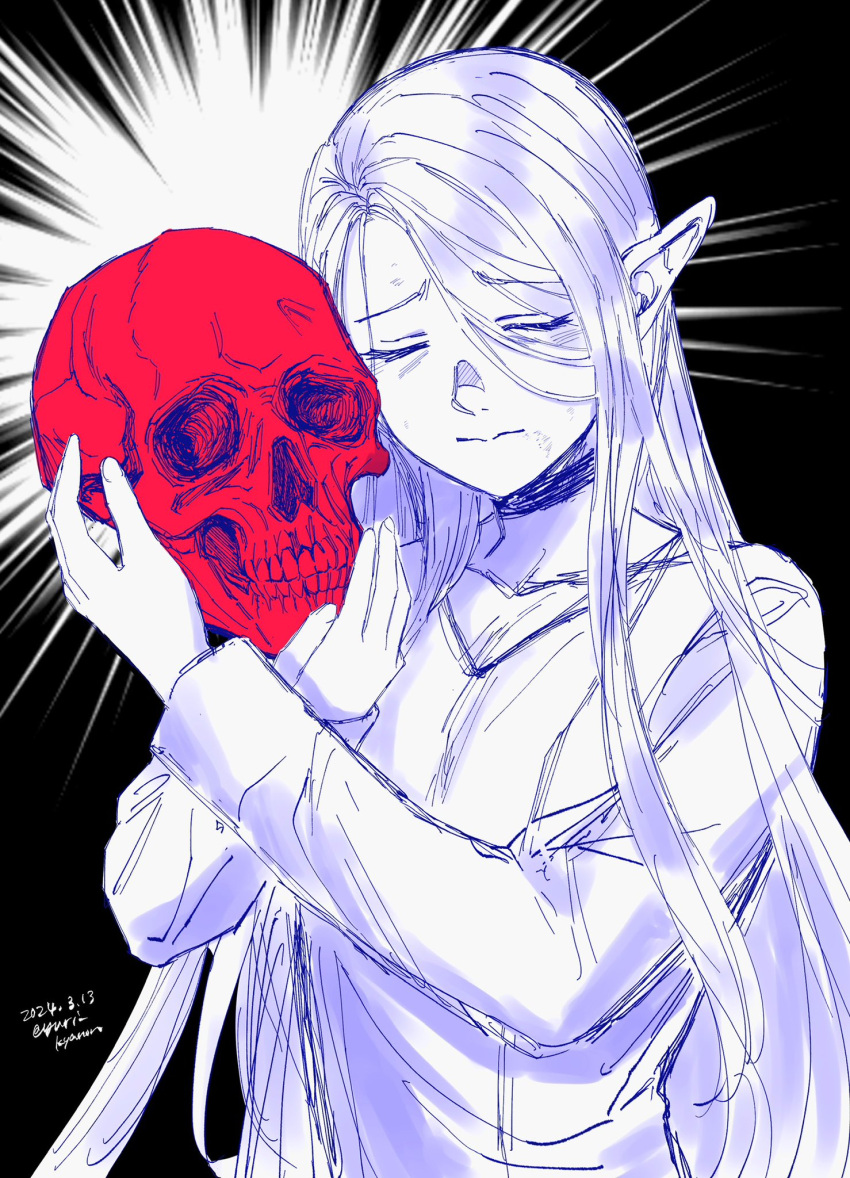 1girl blonde_hair breasts closed_eyes dungeon_meshi elf falin_thorden hair_down highres holding holding_skull long_hair long_sleeves marcille_donato pointy_ears sad signature simple_background skull solo twitter_username yuri_kyanon