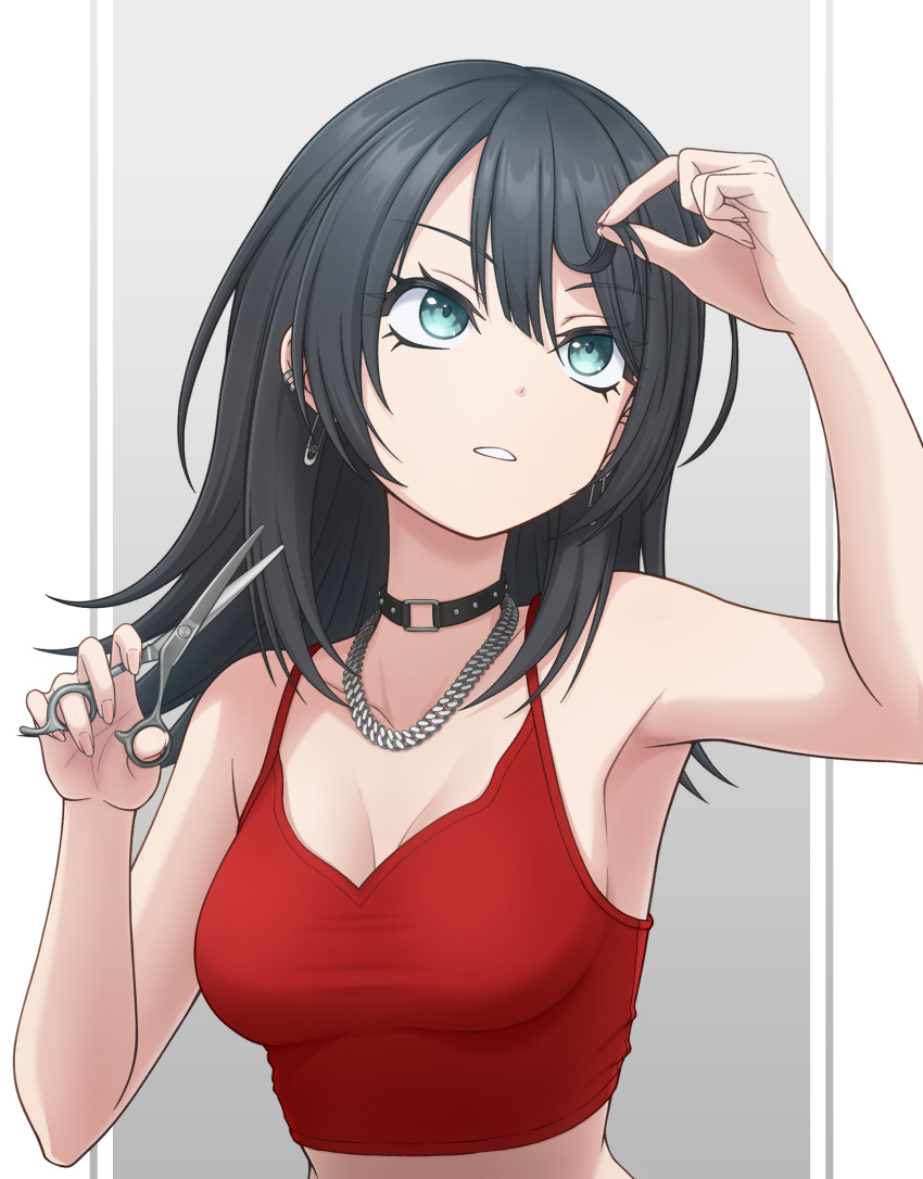 1girl bang_dream! bang_dream!_it's_mygo!!!!! black_choker black_hair blue_eyes breasts camisole choker cleavage collarbone commentary_request cutting_hair cutting_own_hair ear_piercing earrings hair_between_eyes highres holding holding_scissors jewelry long_hair medium_breasts necklace parted_lips piercing red_camisole scissors solo temple_o_dragon upper_body yahata_umiri