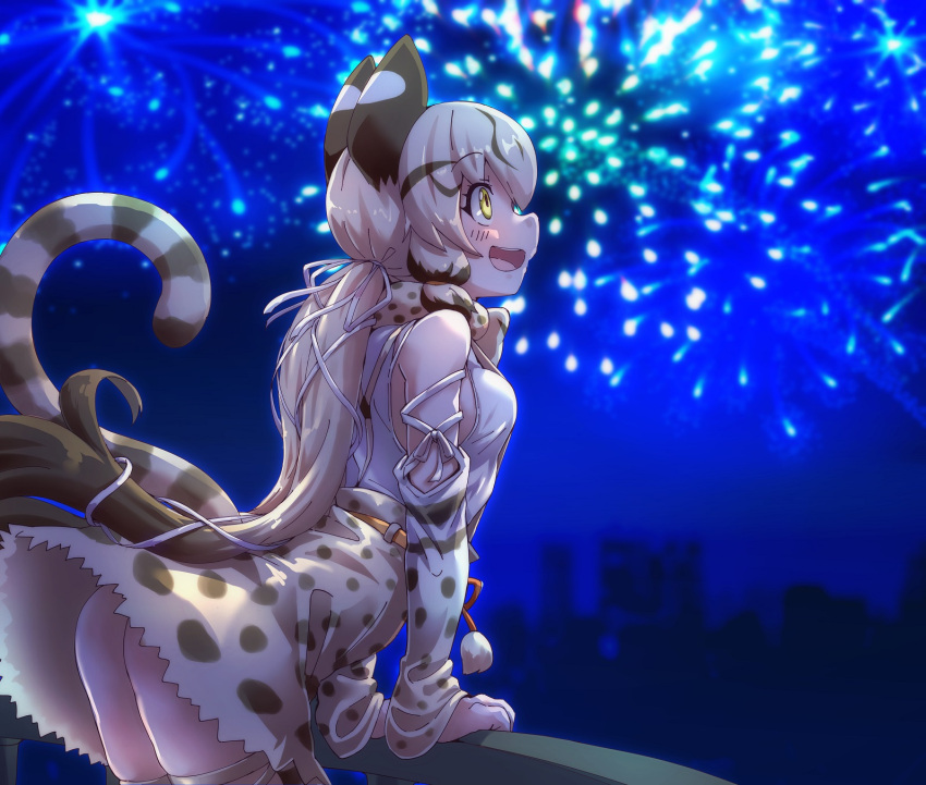 1girl animal_ears belt bow bowtie cat_ears cat_girl cat_tail extra_ears fireworks geoffroy's_cat_(kemono_friends) grey_hair highres kemono_friends kemono_friends_v_project long_hair lowlandgorilla night night_sky ribbon shirt skirt sky solo tail thighhighs twintails virtual_youtuber yellow_eyes