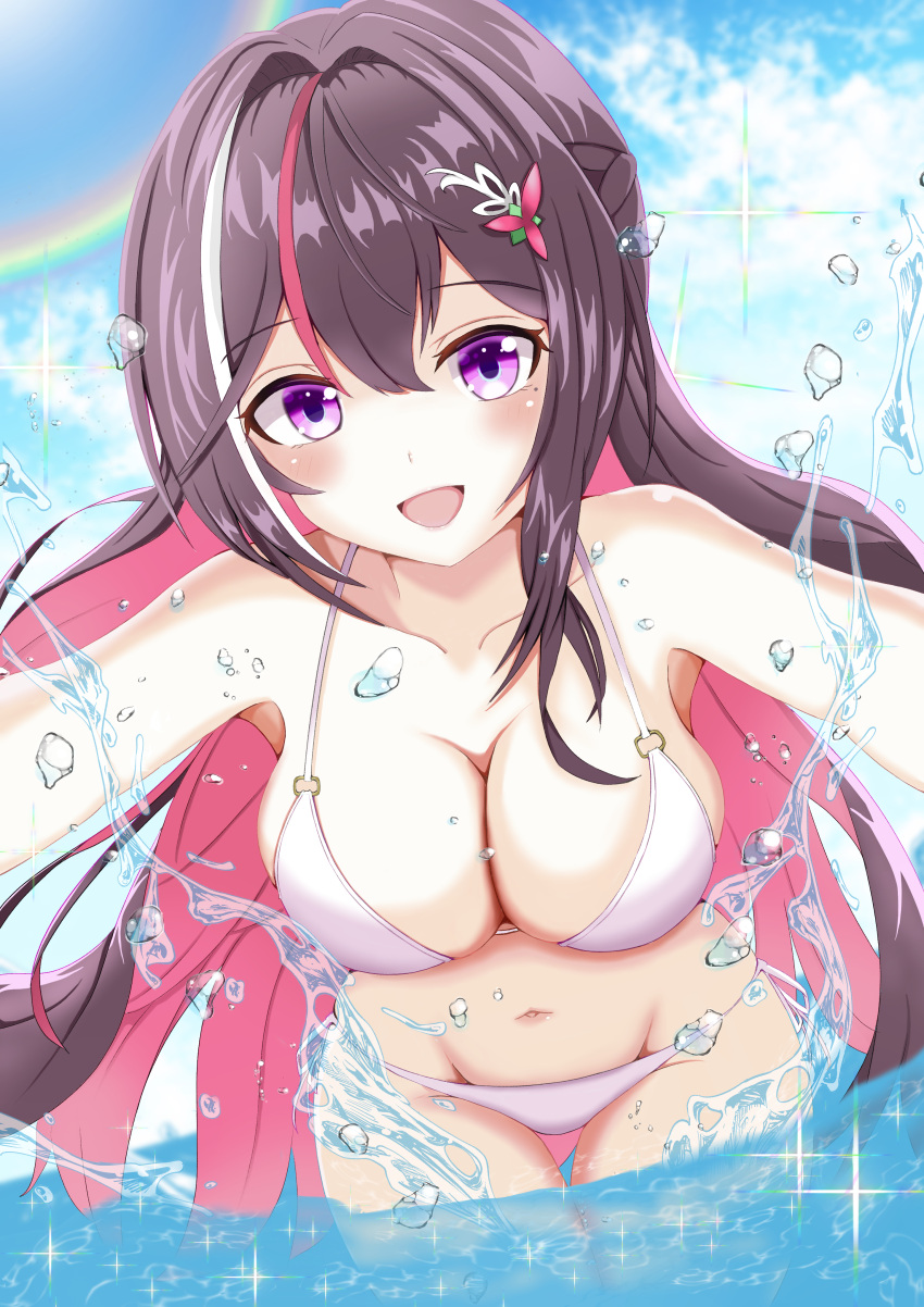 1girl :d absurdres azki_(hololive) bikini blue_sky braid brown_hair cloud cloudy_sky collarbone colored_inner_hair day floating_hair french_braid green_hair hair_between_eyes highres hololive leaning_forward light_blush long_hair looking_at_viewer mole mole_under_eye multicolored_hair navel o-ring o-ring_top ocean open_mouth outstretched_arms pink_hair purple_eyes rainbow ritsuki_kotowa sidelocks sky smile spaghetti_strap sparks splashing streaked_hair sunlight swimsuit very_long_hair virtual_youtuber water_drop white_bikini