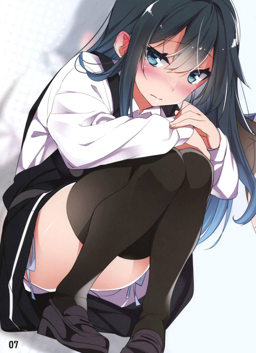 1girl absurdres asashio_(kancolle) asashio_kai_ni_(kancolle) black_hair black_thighhighs blue_eyes blush dress hair_between_eyes highres kantai_collection loafers long_hair long_sleeves looking_at_viewer mtu_(orewamuzituda) non-web_source page_number panties pinafore_dress scan school_uniform shirt shoes side-tie_panties sleeveless sleeveless_dress solo squatting thighhighs thighs underwear white_panties white_shirt zoom_layer