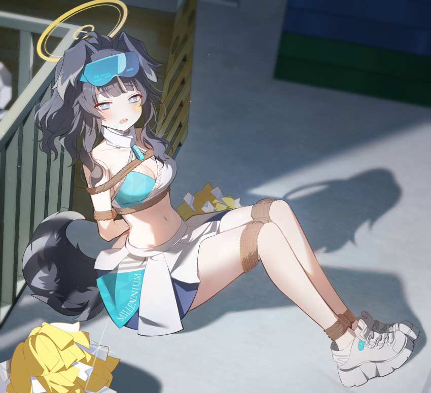 1girl absurdres animal_ears arms_behind_back bare_shoulders bdsm black_hair blue_archive blue_eyes blush bondage bound bound_ankles bound_arms bound_legs breasts cheerleader dog_ears dog_girl dog_tail eucha eyewear_on_head goggles goggles_on_head halo hibiki_(blue_archive) hibiki_(cheer_squad)_(blue_archive) highres long_hair looking_at_viewer millennium_cheerleader_outfit_(blue_archive) miniskirt multiple_girls navel official_alternate_costume pom_pom_(cheerleading) restrained rope shibari shibari_over_clothes shoes skirt sneakers solo star_sticker tail white_skirt yellow_halo