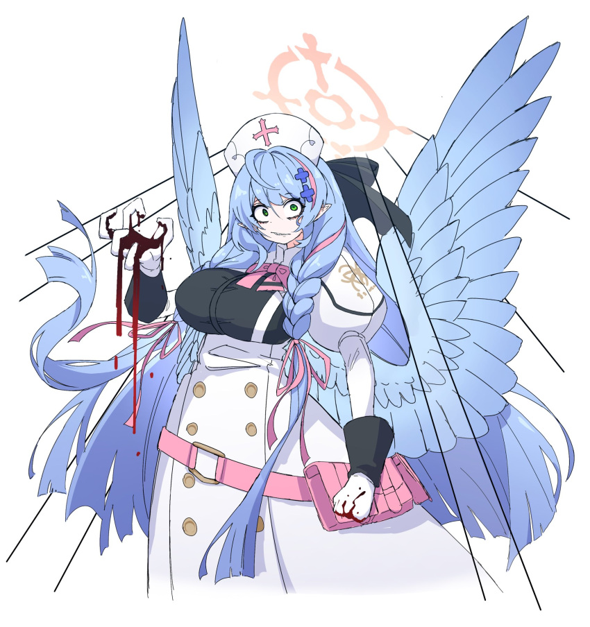 1girl ahoge angel_wings belt belt_pouch black_bow blood blood_on_hands blue_archive blue_hair blue_wings bow bowtie braid breasts cross_hair_ornament dr_yamero dress gloves green_eyes hair_bow hair_ornament hair_ribbon halo hat highres juliet_sleeves large_breasts light_blue_hair long_sleeves low_twin_braids mine_(blue_archive) multicolored_hair nurse_cap pink_belt pink_bow pink_bowtie pink_hair pink_ribbon pointy_ears pouch puffy_sleeves ribbon solo streaked_hair twin_braids white_background white_dress white_gloves white_headwear wings