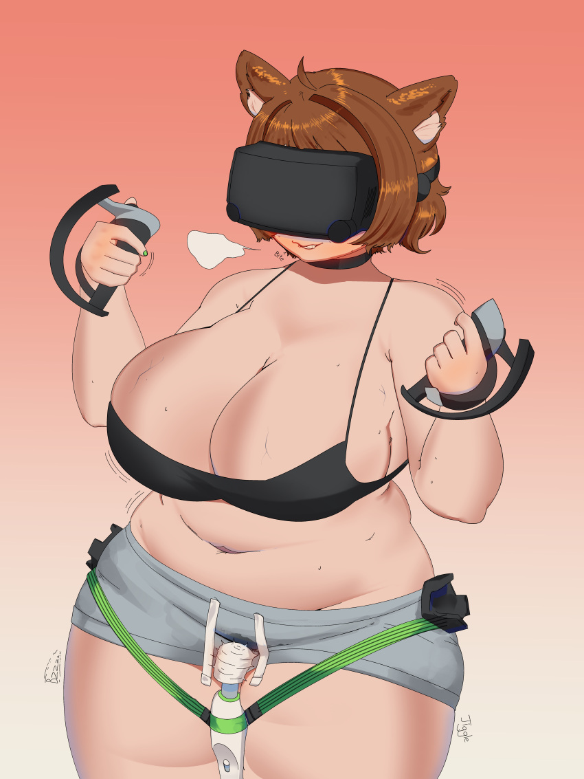 1girl absurdres ahoge animal_ear_fluff animal_ears black_bra bra breasts brown_hair choker cleavage controller cowboy_shot drawstring english_commentary fang gradient_background green_nails grey_shorts head-mounted_display highres hitachi_magic_wand holding holding_controller huge_breasts indie_virtual_youtuber medium_hair mint_castella navel orange_background parted_lips plump puff_of_air sex_toy shorts simple_background smorepi solo sound_effects sweat thick_arms thick_thighs thighs underwear vibrator virtual_youtuber white_background