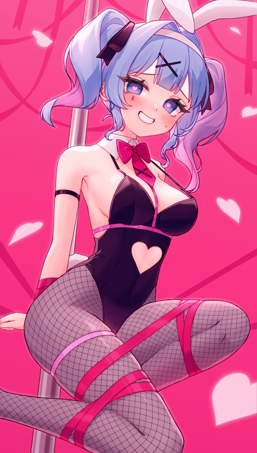 1girl absurdres akagi_meito animal_ears arms_behind_back bare_shoulders black_leotard black_ribbon blue_eyes blue_hair blush bow bowtie breasts cleavage clothing_cutout cutout_above_navel detached_collar doughnut fake_animal_ears fake_tail fishnet_pantyhose fishnets food forced_smile hair_intakes hair_ornament hair_ribbon hatsune_miku heart heart-shaped_pupils heart_cutout heart_hair_ornament highleg highleg_leotard highres large_breasts leotard looking_at_viewer medium_hair necktie pantyhose pink_background pink_bow pink_bowtie pink_necktie pink_ribbon playboy_bunny pole rabbit_ears rabbit_hole_(vocaloid) rabbit_tail restrained ribbon solo spaghetti_strap stripper_pole symbol-shaped_pupils tail teardrop_facial_mark twintails vocaloid white_hair x_hair_ornament