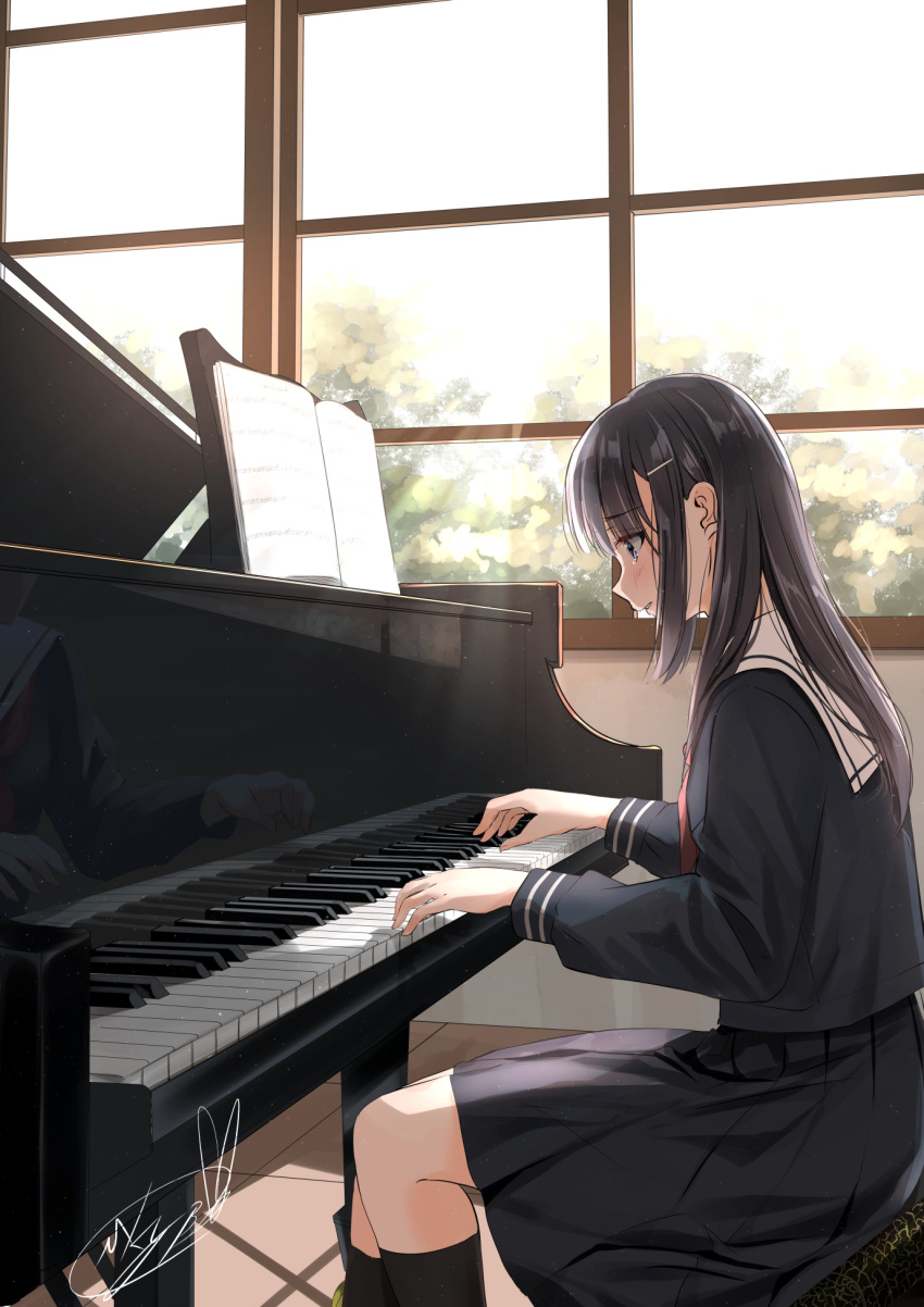 1girl black_hair black_skirt black_socks bow bowtie brown_eyes brown_hair crying crying_with_eyes_open from_behind from_side graduation hands_up highres instrument long_skirt medium_hair music original piano playing_instrument sailor_collar school_uniform serafuku skirt socks soragane_(banisinngurei) tears