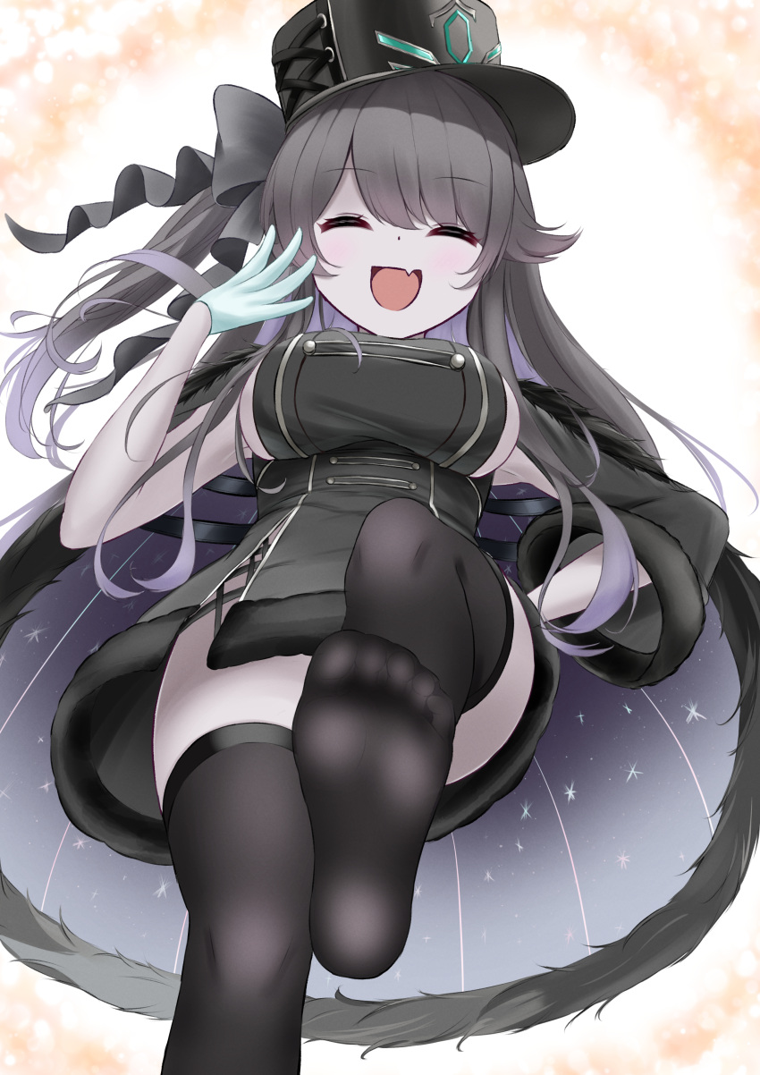 1girl absurdres azur_lane black_coat black_hair black_headwear black_thighhighs blue_gloves breasts buttons closed_eyes coat dress fang from_below fur-trimmed_coat fur_trim gloves gradient_hair hand_on_own_hip hat highres large_breasts laughing multicolored_hair open_mouth paashe pamiat_merkuria_(azur_lane) pamiat_merkuria_(meta)_(azur_lane) peaked_cap purple_hair short_dress skin_fang smile solo swept_bangs textless_version thighhighs