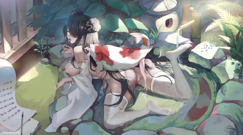 1girl after_vaginal ahegao ass azur_lane bestiality black_hair breasts calligraphy calligraphy_brush censored china_dress chinese_clothes chinese_commentary dark-skinned_female dark_skin detached_sleeves double_bun dress fish from_above full_body green_eyes hair_bun hair_over_one_eye highres large_breasts long_hair lying mixed-language_commentary mosaic_censoring nipples northampton_(azur_lane) northampton_ii_(azur_lane) northampton_ii_(comfy_crane_amidst_the_clouds)_(azur_lane) official_alternate_costume on_stomach outdoors paintbrush qisu see-through_thighhighs solo thighhighs tongue tongue_out white_dress white_sleeves white_thighhighs