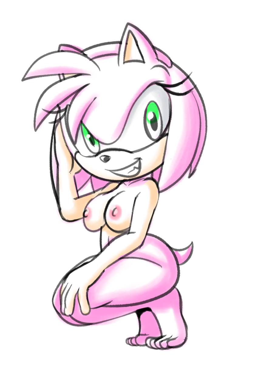 amy_rose breasts crouching eulipotyphlan female fours_(artist) green_eyes hand_on_head hand_on_knee hand_on_leg hedgehog hi_res looking_at_viewer mammal pink_body sega solo sonic_the_hedgehog_(series)