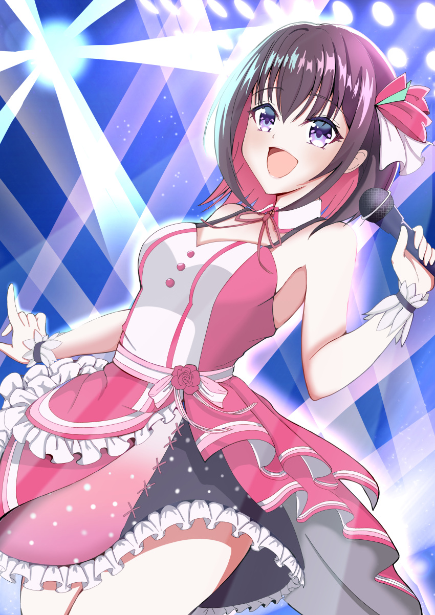 1girl :d absurdres azki_(3rd_costume)_(hololive) azki_(hololive) bare_shoulders bow brown_hair colored_inner_hair detached_collar dress flower frilled_dress frills hair_between_eyes hair_ribbon highres holding holding_microphone hololive index_finger_raised layered_dress light_rays looking_to_the_side medium_hair microphone multicolored_hair neck_ribbon official_alternate_costume open_mouth outstretched_arm overskirt pink_dress pink_flower pink_hair pink_ribbon pink_rose pink_sash pink_skirt purple_eyes ribbon ritsuki_kotowa rose sash sidelocks skirt sleeveless sleeveless_dress smile spaghetti_strap stage stage_lights two-tone_hair virtual_youtuber waist_bow wrist_cuffs