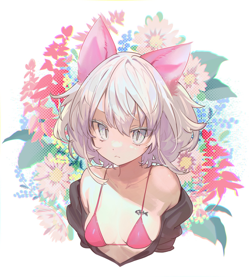 1girl :&lt; absurdres animal_ears bikini breast_tattoo breasts cat_ears cat_girl cropped_torso flower highres motsuni-komi off_shoulder original slit_pupils small_breasts solo swimsuit tattoo white_eyes white_hair