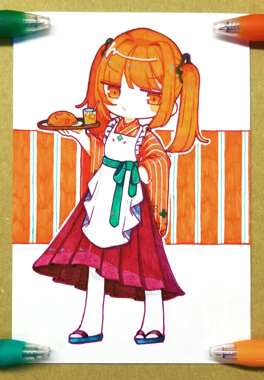 1girl apron bad_id bad_twitter_id ballpoint_pen_(medium) bell_pepper_slice blush_stickers commentary_request cup deformed drink drinking_glass drinking_straw food food_print frilled_apron frills full_body green_sash hair_intakes hair_ornament hand_on_own_hip hand_up highres holding holding_tray ice ice_cube japanese_clothes kimono legs_apart long_skirt long_sleeves looking_at_viewer medium_hair napolitan open_mouth orange_hair orange_kimono original pantyhose pasta photo_(medium) piyoko9494 plate pleated_skirt print_apron print_kimono red_skirt sandals sash skirt solo standing striped_clothes striped_kimono traditional_media tray twintails v-shaped_eyebrows waitress white_apron white_pantyhose wide_sleeves zouri