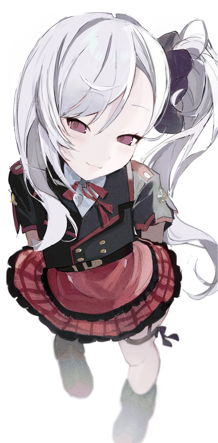 1girl :3 absurdres arms_behind_back belt black_footwear black_jacket black_scrunchie blue_archive closed_mouth cropped_jacket dizzy_(nadecola9) dot_nose forehead full_body grey_hair hair_ornament hair_scrunchie highres jacket long_hair looking_at_viewer mutsuki_(blue_archive) neck_ribbon plaid plaid_skirt purple_eyes red_ribbon red_skirt ribbon scrunchie shirt short_sleeves side_ponytail skirt solo swept_bangs thigh_strap white_background white_shirt