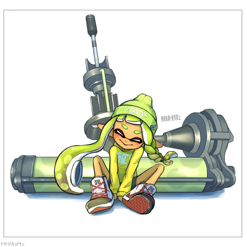 1girl artist_name beanie border braid closed_eyes closed_mouth commentary_request cross-laced_footwear dynamo_roller_(splatoon) full_body green_hair green_headwear hat highres inkling inkling_girl inkling_player_character jacket long_hair moromi_(kscd4482) pointy_ears print_jacket shoes simple_background single_braid sitting sleeves_past_wrists smile solo splatoon_(series) splatoon_3 tentacle_hair thick_eyebrows translation_request very_long_hair white_background white_border yellow_jacket