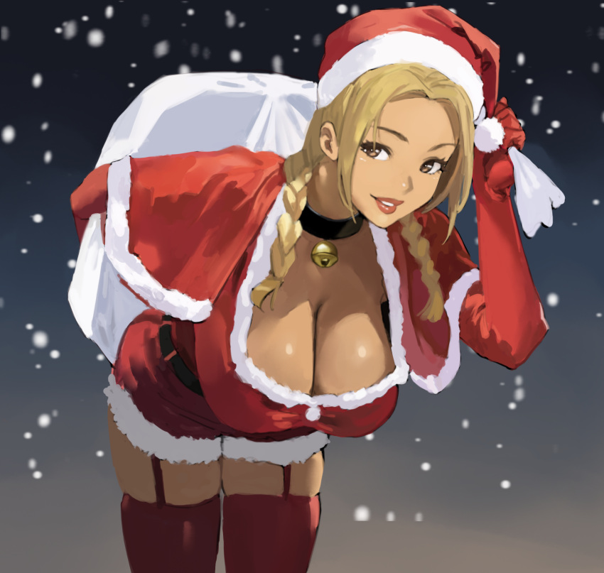 1girl bag bell belt bent_over black_belt black_choker blonde_hair braid breasts capelet choker christmas cleavage commentary dress english_commentary fur-trimmed_dress fur-trimmed_headwear fur_trim garter_straps gloves hat highres hintobento holding holding_bag large_breasts lipstick long_hair looking_at_viewer makeup neck_bell original red_capelet red_dress red_gloves red_headwear red_lips red_thighhighs santa_costume santa_hat solo standing thighhighs twin_braids yellow_eyes