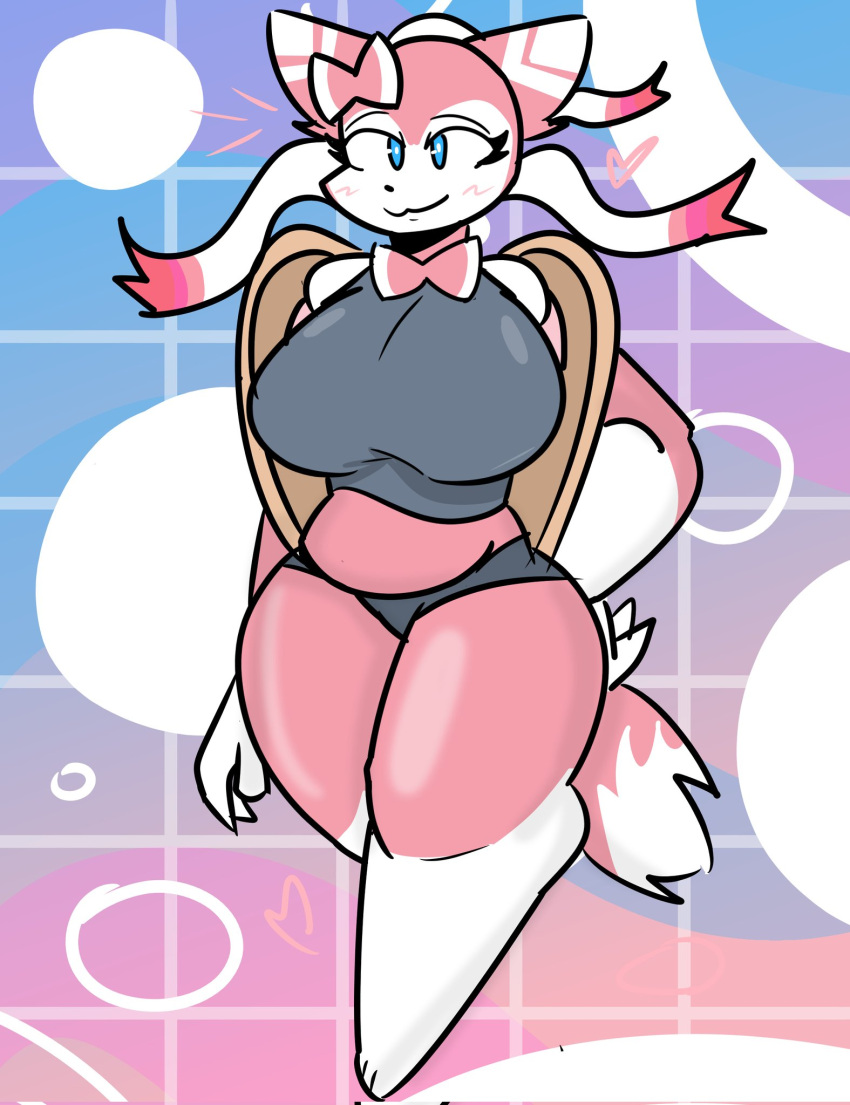 3_toes :3 abstract_background anthro belly big_breasts black_boy_shorts black_clothing black_nose black_underwear blue_eyes blush bow_accessory bow_tie boy_shorts breasts clothed clothing digital_media_(artwork) digitigrade eeveelution eyebrows eyelashes feet female front_view full-length_portrait fur generation_6_pokemon grey_clothing grey_shirt grey_topwear hand_on_hip happy hi_res huge_breasts midriff multicolored_body multicolored_fur nexart nintendo pink_body pink_fur pokemon pokemon_(species) portrait shirt slightly_chubby solo standing sylveon tail thick_thighs toes topwear two_tone_body two_tone_fur underwear unknown_character white_body white_fur wide_hips