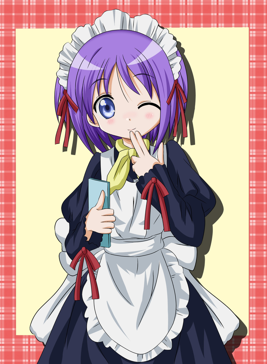 alternate_costume blue_eyes enmaided highres hiiragi_tsukasa lucky_star maid one_eye_closed purple_hair short_hair solo takumi_(rozen_garten)