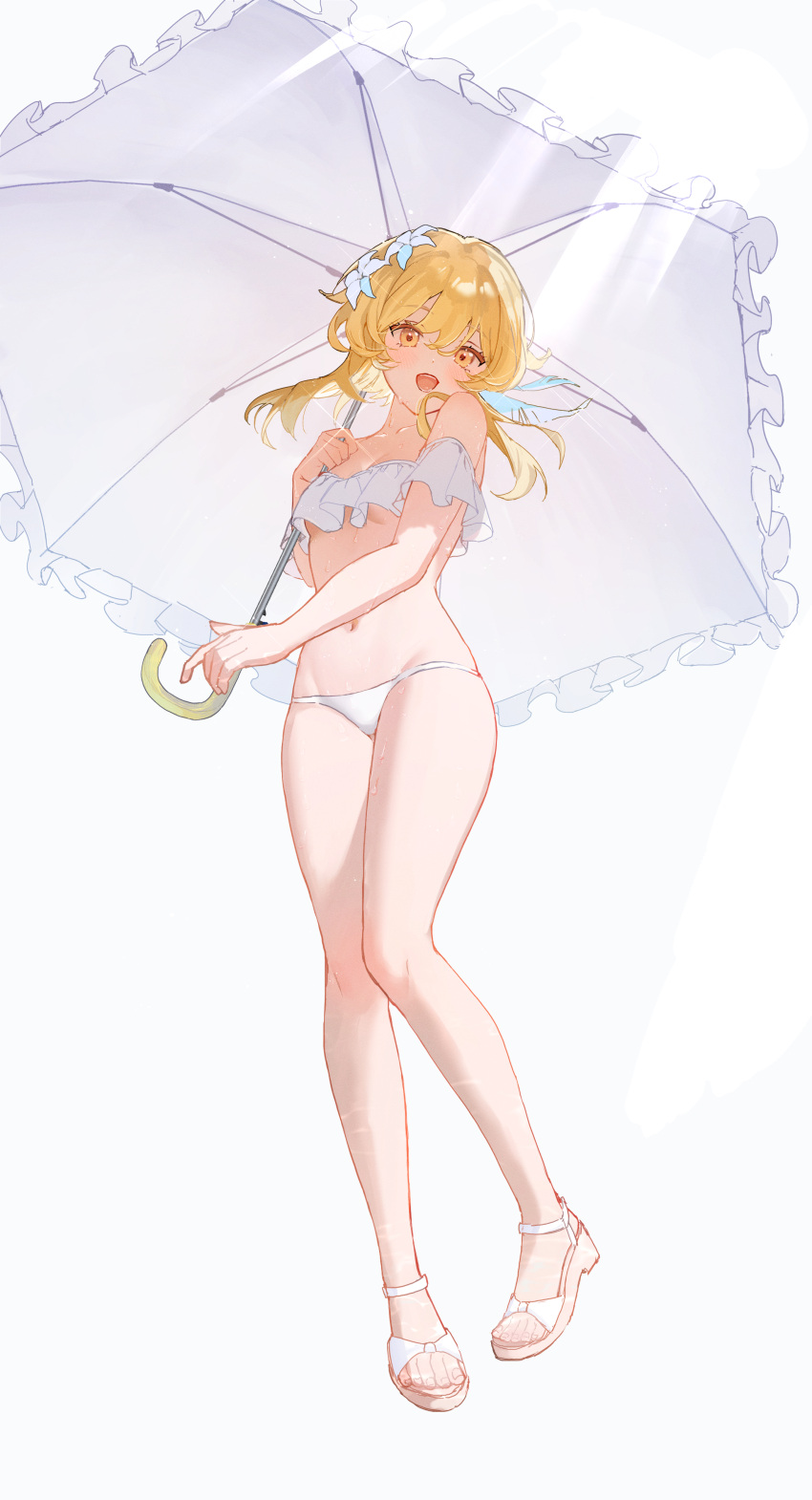 1girl absurdres alternate_costume bare_legs bikini blonde_hair breasts flower frills full_body genshin_impact hair_flower hair_ornament highres holding holding_umbrella kuqfh looking_at_viewer lumine_(genshin_impact) navel off-shoulder_bikini off_shoulder open_mouth short_hair_with_long_locks simple_background small_breasts solo sparkle stomach sunlight sweat swimsuit umbrella umbrella_over_shoulder white_background white_bikini white_umbrella yellow_eyes