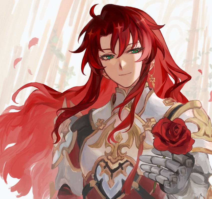 1boy argenti_(honkai:_star_rail) armor closed_mouth flower green_eyes highres holding holding_flower honkai:_star_rail honkai_(series) long_hair looking_at_viewer male_focus mizuhashisuika red_flower red_hair red_rose rose shoulder_armor solo